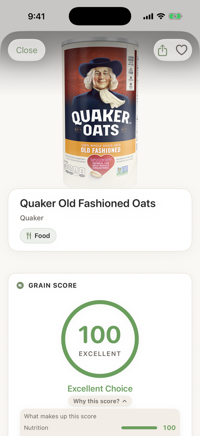Quaker Old Fashioned Oats scanned in Grain — Excellent Choice