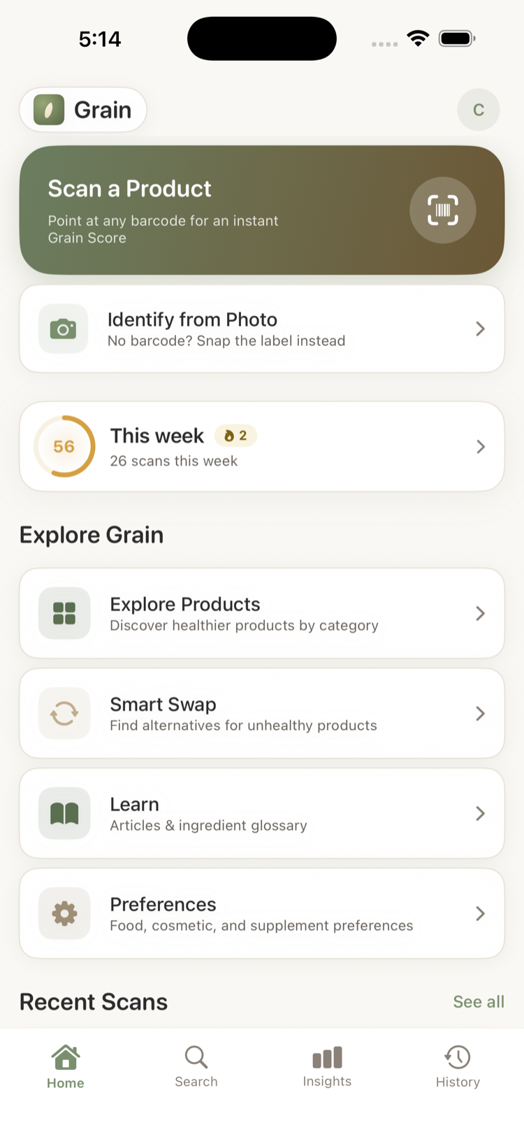 Grain home screen with the barcode scanner open