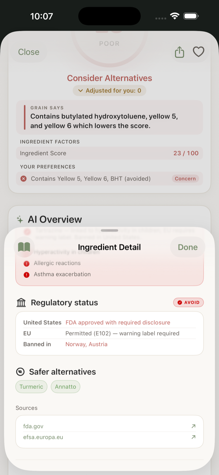 Ingredient detail showing how different regions regulate it