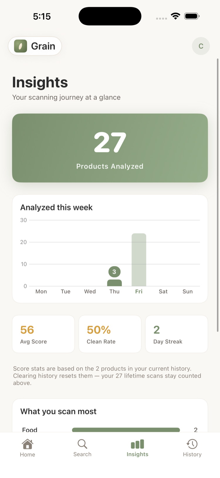 Insights dashboard with scan history