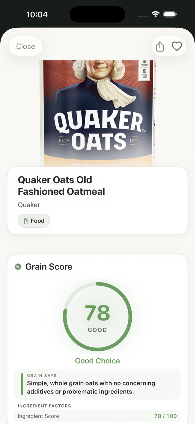 Grain product detail screen showing the score ring